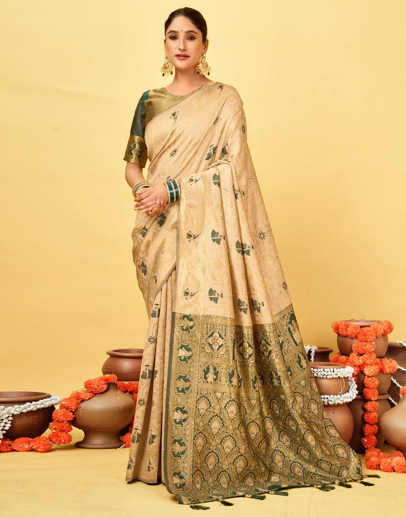 Beige Silk Woven Baluchari Saree