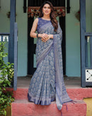 Dusty Blue Linen Printed Saree