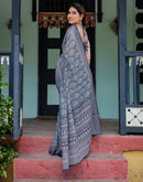 Dusty Blue Linen Printed Saree