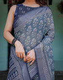 Dusty Blue Linen Printed Saree