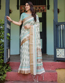 Cream Linen Printed Saree
