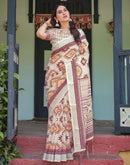 Cream Linen Printed Saree