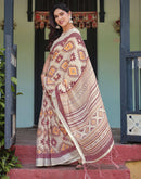 Cream Linen Printed Saree