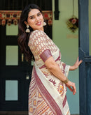 Cream Linen Printed Saree