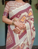 Cream Linen Printed Saree