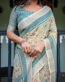 Cream Linen Printed Saree