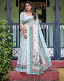 White Linen Printed Saree