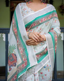 White Linen Printed Saree