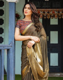 Olive Green Chiffon Woven Solid Saree