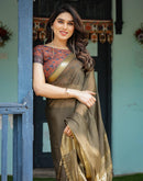 Olive Green Chiffon Woven Solid Saree