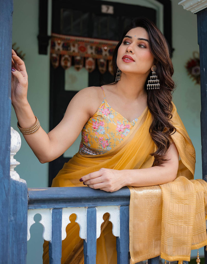 Yellow Chiffon Woven Solid Saree