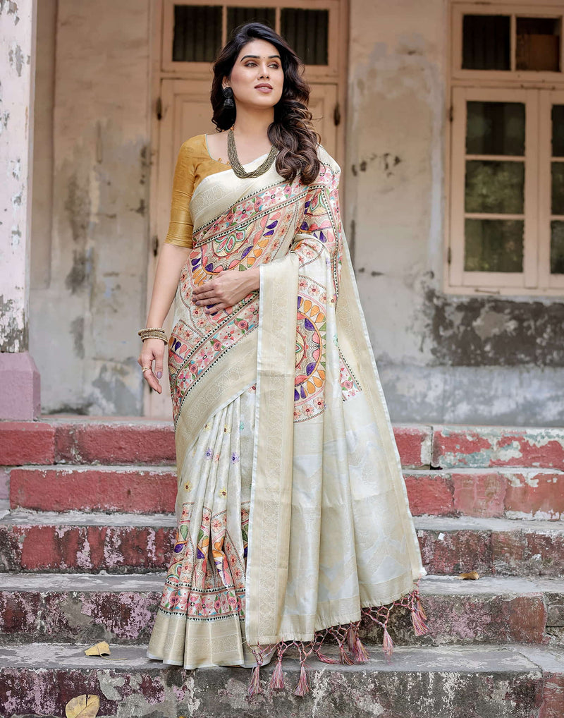 Beige Silk Printed Saree