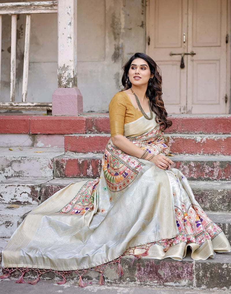 Beige Silk Printed Saree