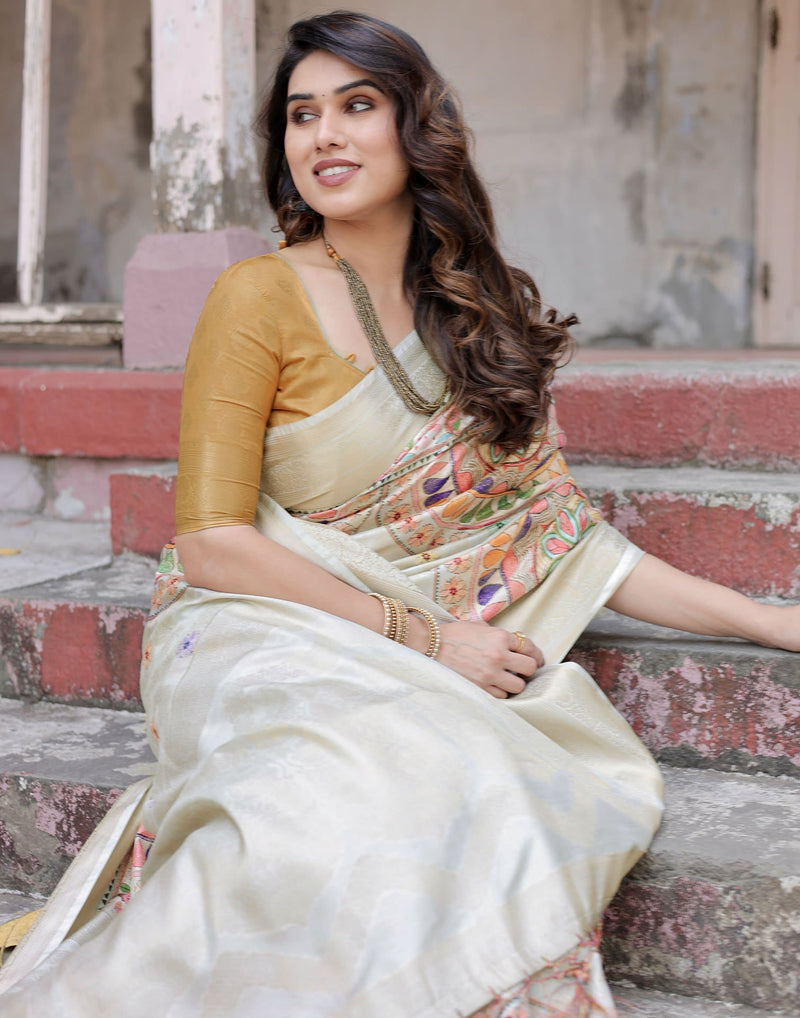 Beige Silk Printed Saree