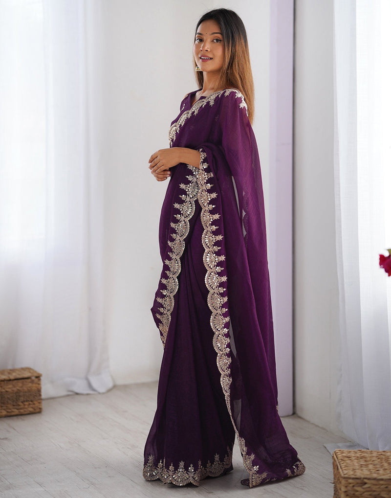 Wine Shimmer Chiffon Sequence Embroidery Saree
