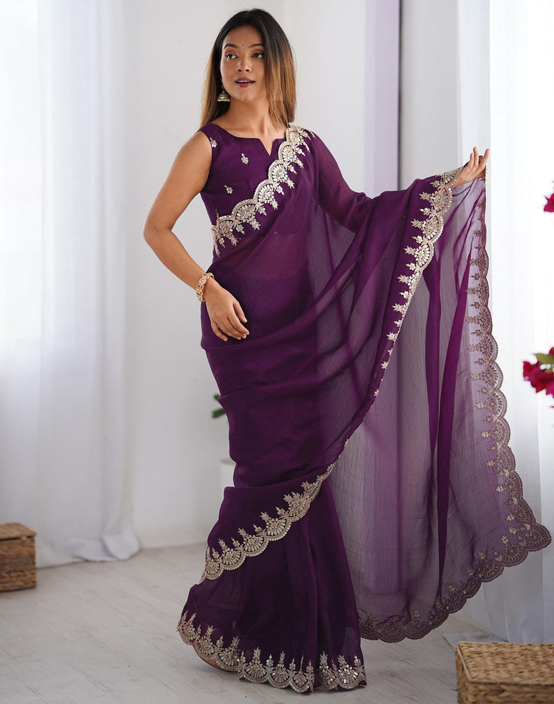 Wine Shimmer Chiffon Sequence Embroidery Saree
