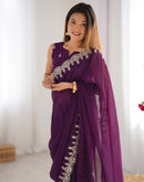 Wine Shimmer Chiffon Sequence Embroidery Saree