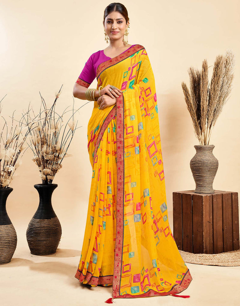 Yellow Chiffon Printed Saree