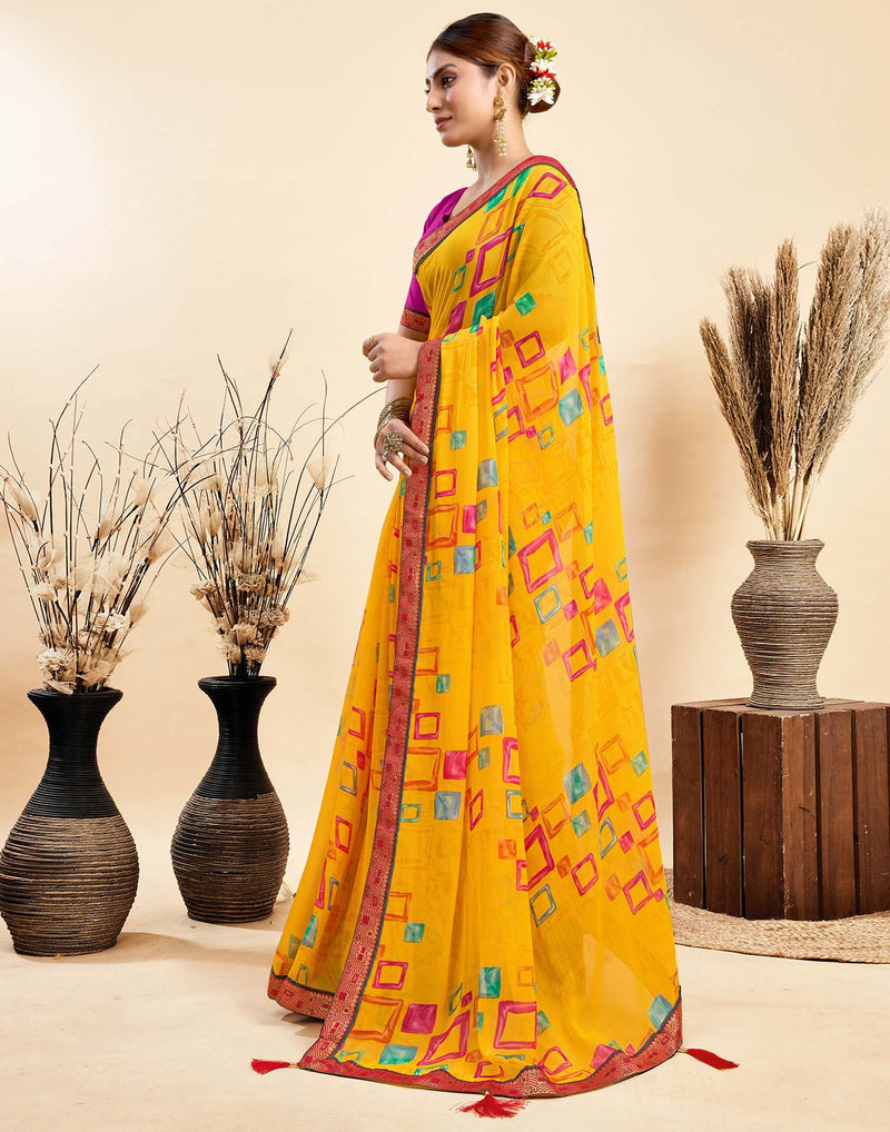 Yellow Chiffon Printed Saree