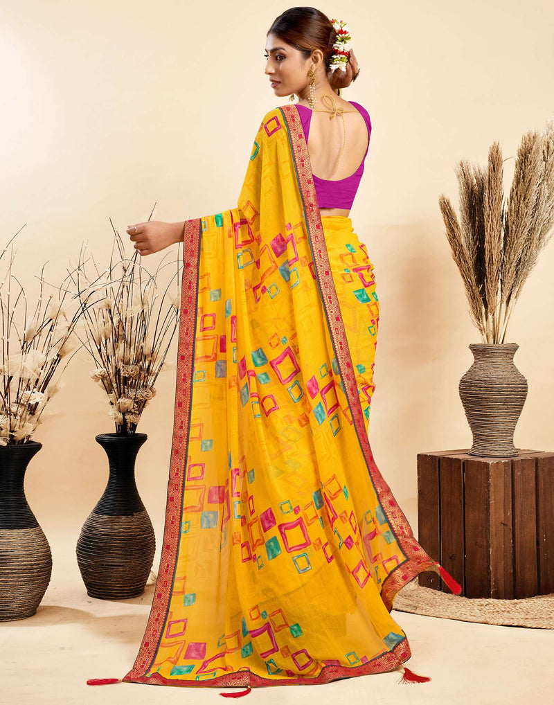 Yellow Chiffon Printed Saree