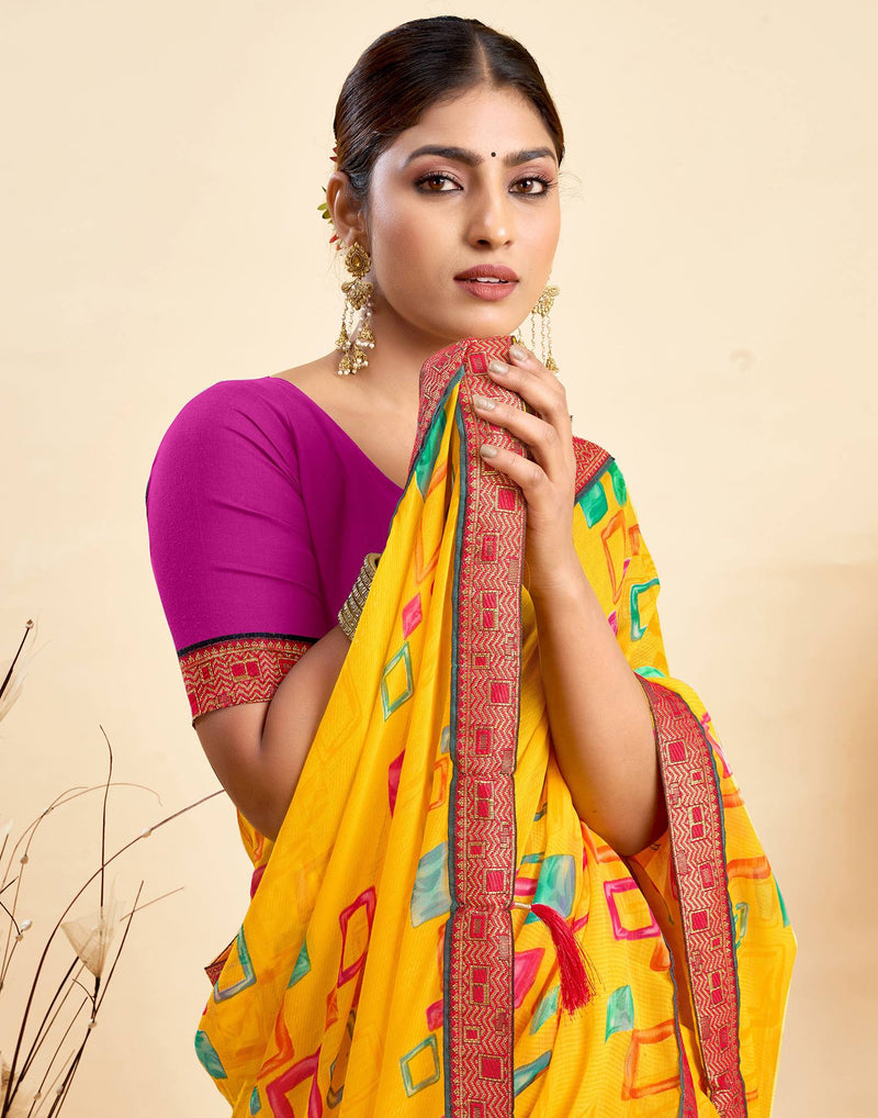 Yellow Chiffon Printed Saree