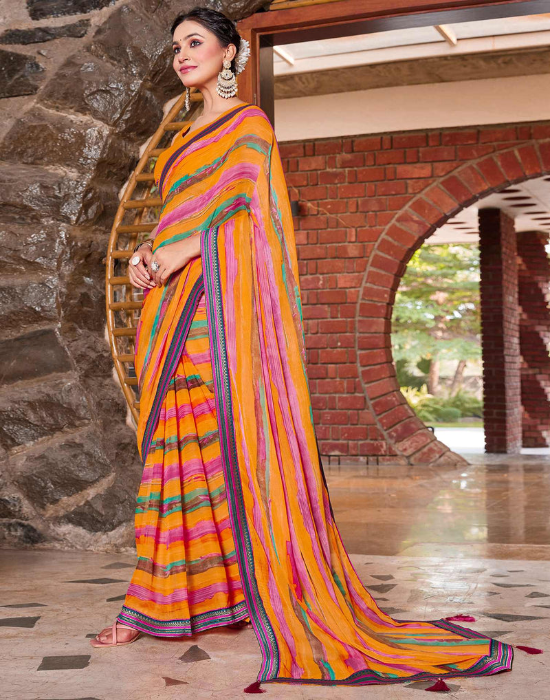 Yellow Chiffon Printed Saree