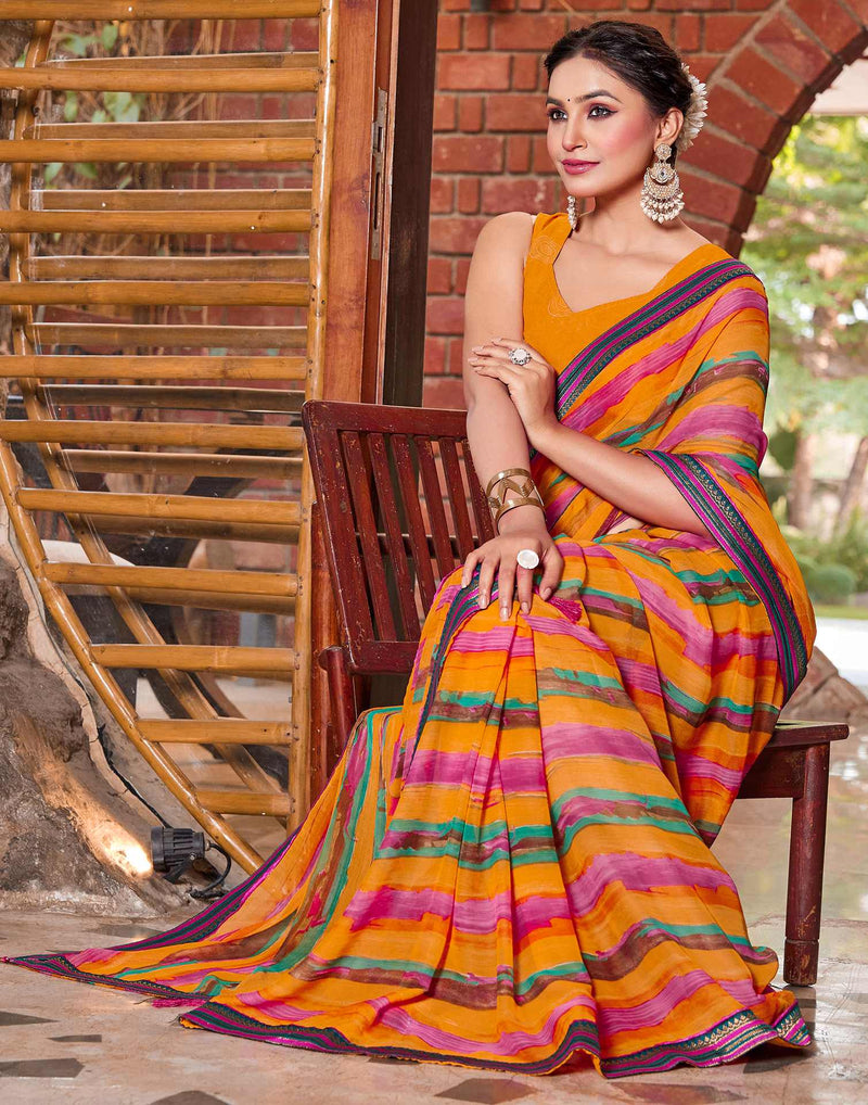 Yellow Chiffon Printed Saree