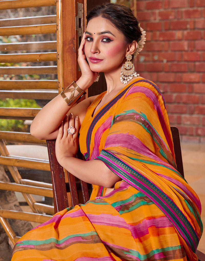 Yellow Chiffon Printed Saree