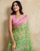 Green Cotton Blend Ikkat Printed Saree