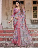 Dusty Blue Tussar Silk Printed Kalamkari Saree