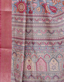 Dusty Blue Tussar Silk Printed Kalamkari Saree