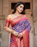 Dark Blue Tussar Silk Printed Patola Saree