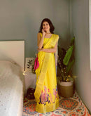 Yellow Tussar Silk Printed Kalamkari Saree