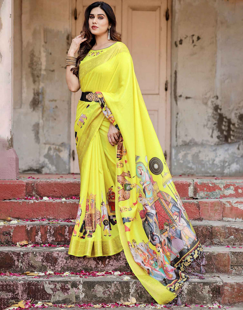 Yellow Tussar Silk Printed Kalamkari Saree