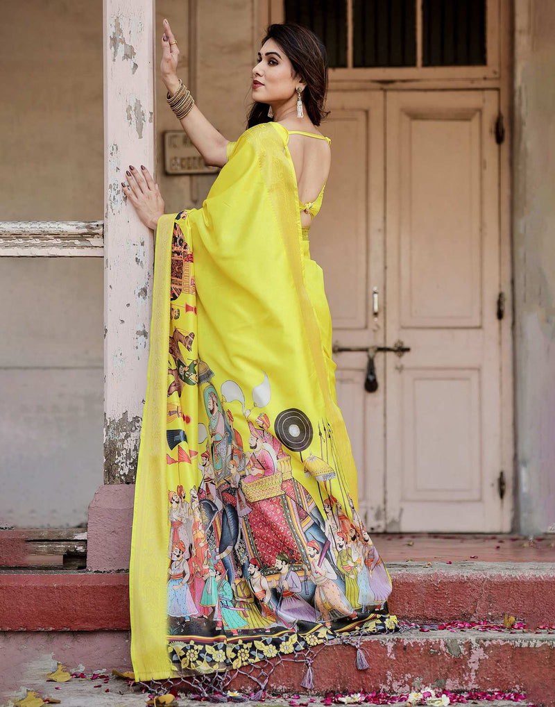 Yellow Tussar Silk Printed Kalamkari Saree