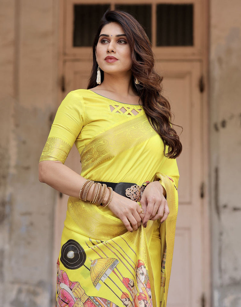 Yellow Tussar Silk Printed Kalamkari Saree