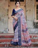 Grey Tussar Silk Printed Saree
