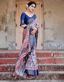 Grey Tussar Silk Printed Saree