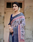 Grey Tussar Silk Printed Saree