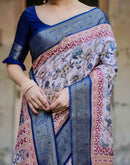 Grey Tussar Silk Printed Saree