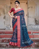 Dark Navy Blue Tussar Silk Printed Saree