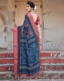 Dark Navy Blue Tussar Silk Printed Saree