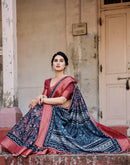 Dark Navy Blue Tussar Silk Printed Saree