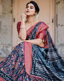 Dark Navy Blue Tussar Silk Printed Saree