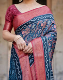 Dark Navy Blue Tussar Silk Printed Saree