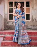 Blue Tussar Silk Printed Saree