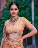 Rust Beige Cotton Linen Printed Saree