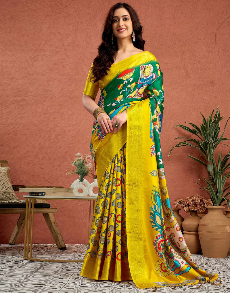 Yellow Tussar Silk Printed Kalamkari Saree