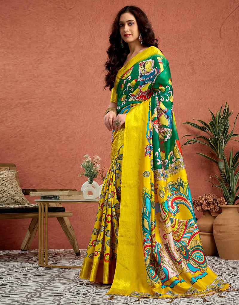 Yellow Tussar Silk Printed Kalamkari Saree