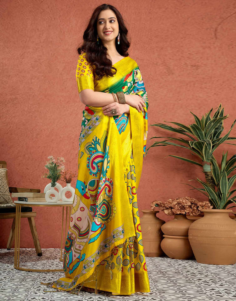 Yellow Tussar Silk Printed Kalamkari Saree